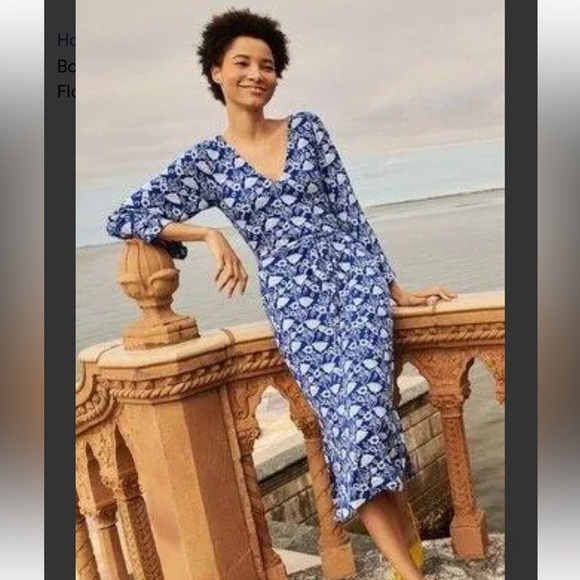 Boden Dresses & Skirts - Boden Amy Jersey Midi Dress Double V Belted Blue White Size 6R VGUC Side Pockets